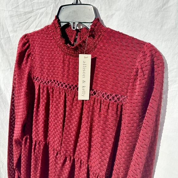 Crimson Red Checkered Velvet Smocked Mini Dress - Picture 2 of 4